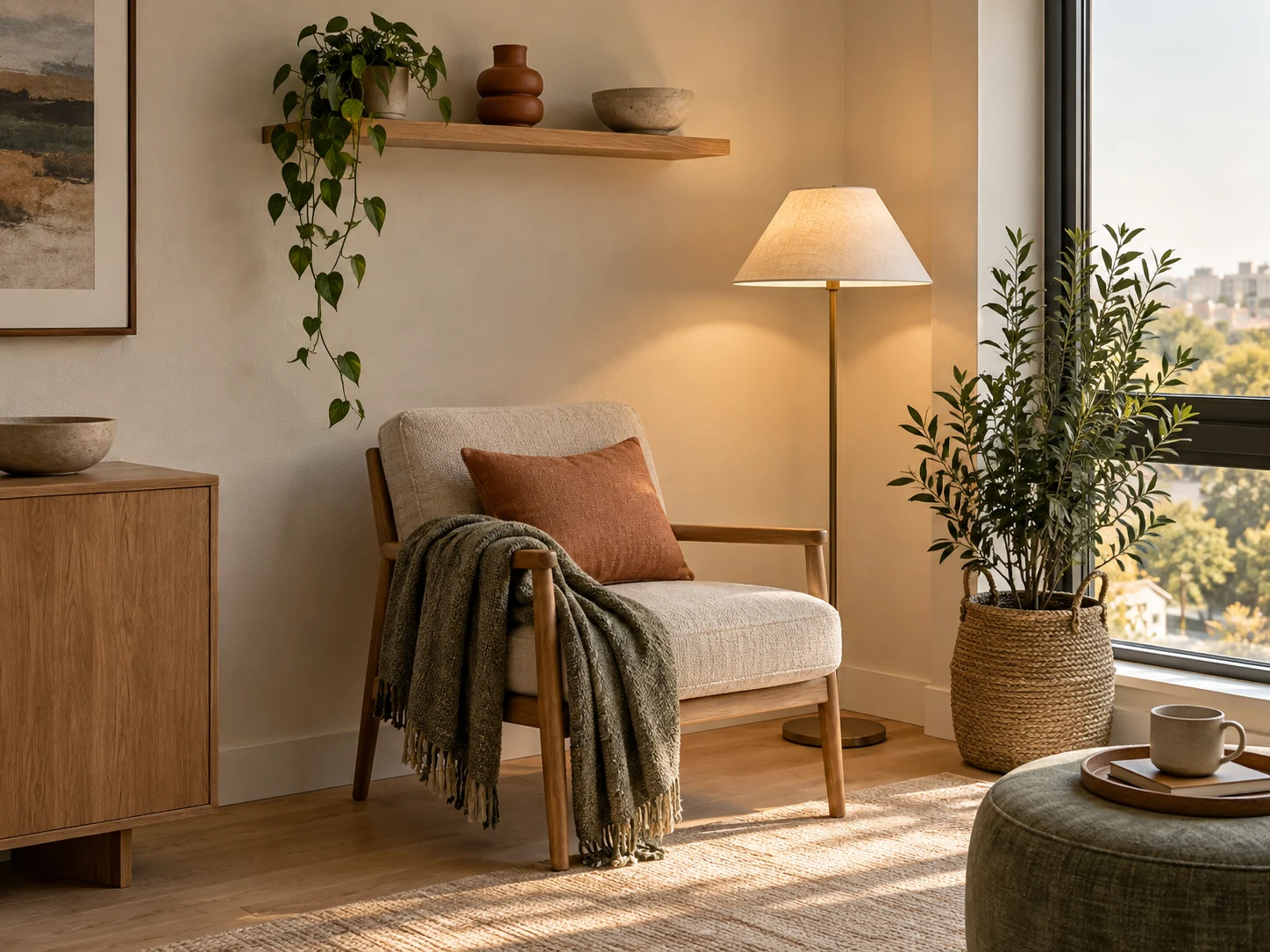 Layered lighting and simple shelf styling in a calm reading corner