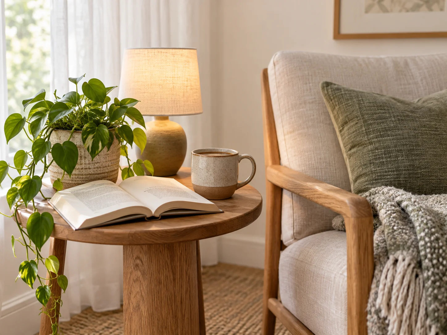 Reading corner details with an oak side table, open book, warm lamp and plant