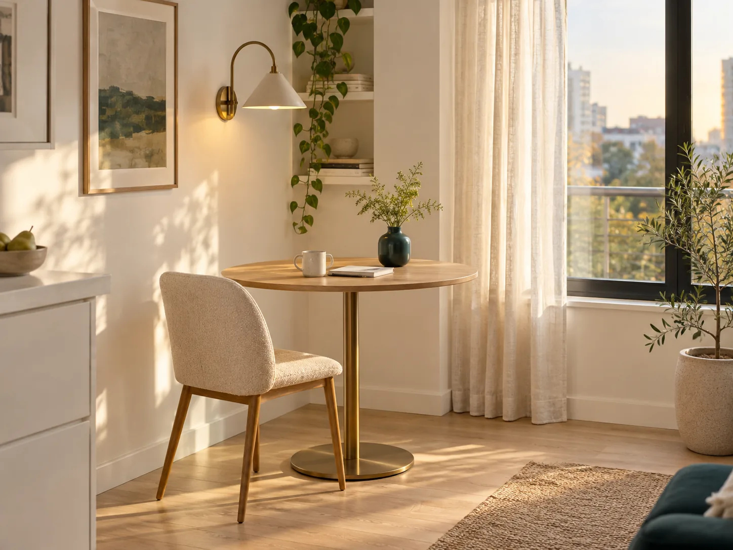 Compact dining and work nook with a wall sconce and warm layered lighting