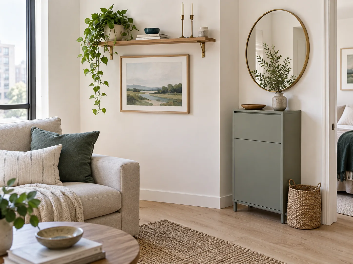 Small living room using a wall shelf, mirror, and slim cabinet for vertical storage